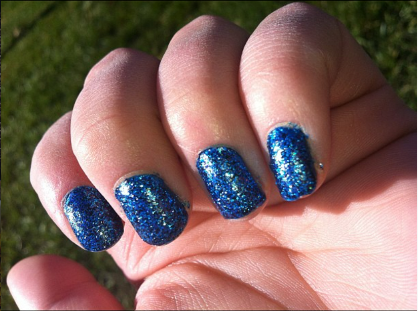 Nails on left hand painted with Crowstones polish in bleu sparkle